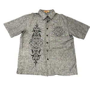 Vintage Royal Prestige Short Sleeved Button Down Embroidered Shirt Gray Black XL